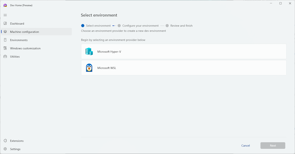 A screenshot of how to begin selecting an environment provider from the Dev Home app